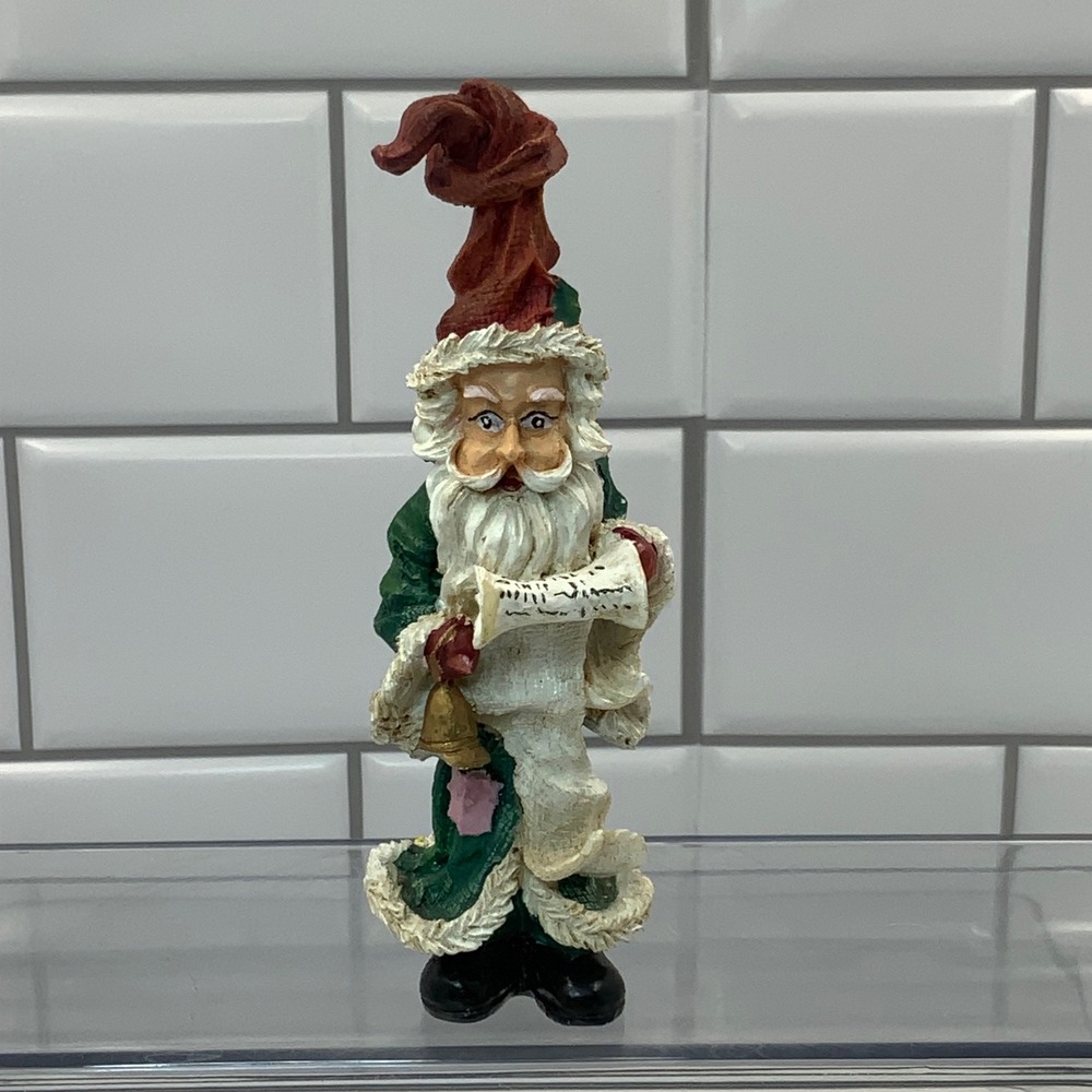 Vintage Santa Claus Figurine Holding List and Bell Resin 5.25in